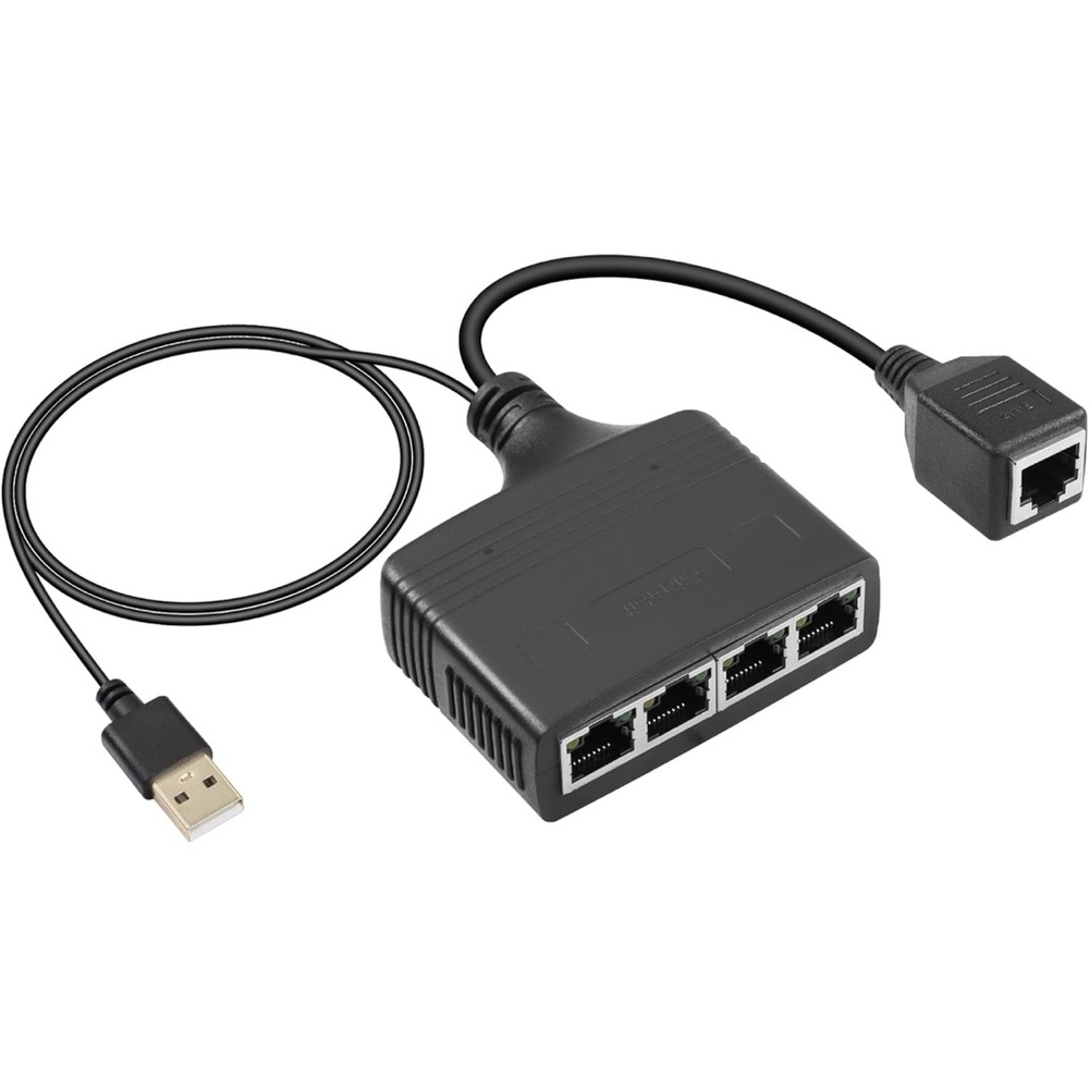 Black Ethernet Splitter with USB 1 female to 5 female
